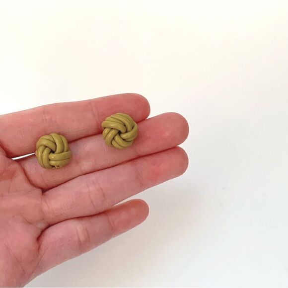 Olive Green Knots Clay Earrings S925 Silver gold posts - Picture 4 of 7